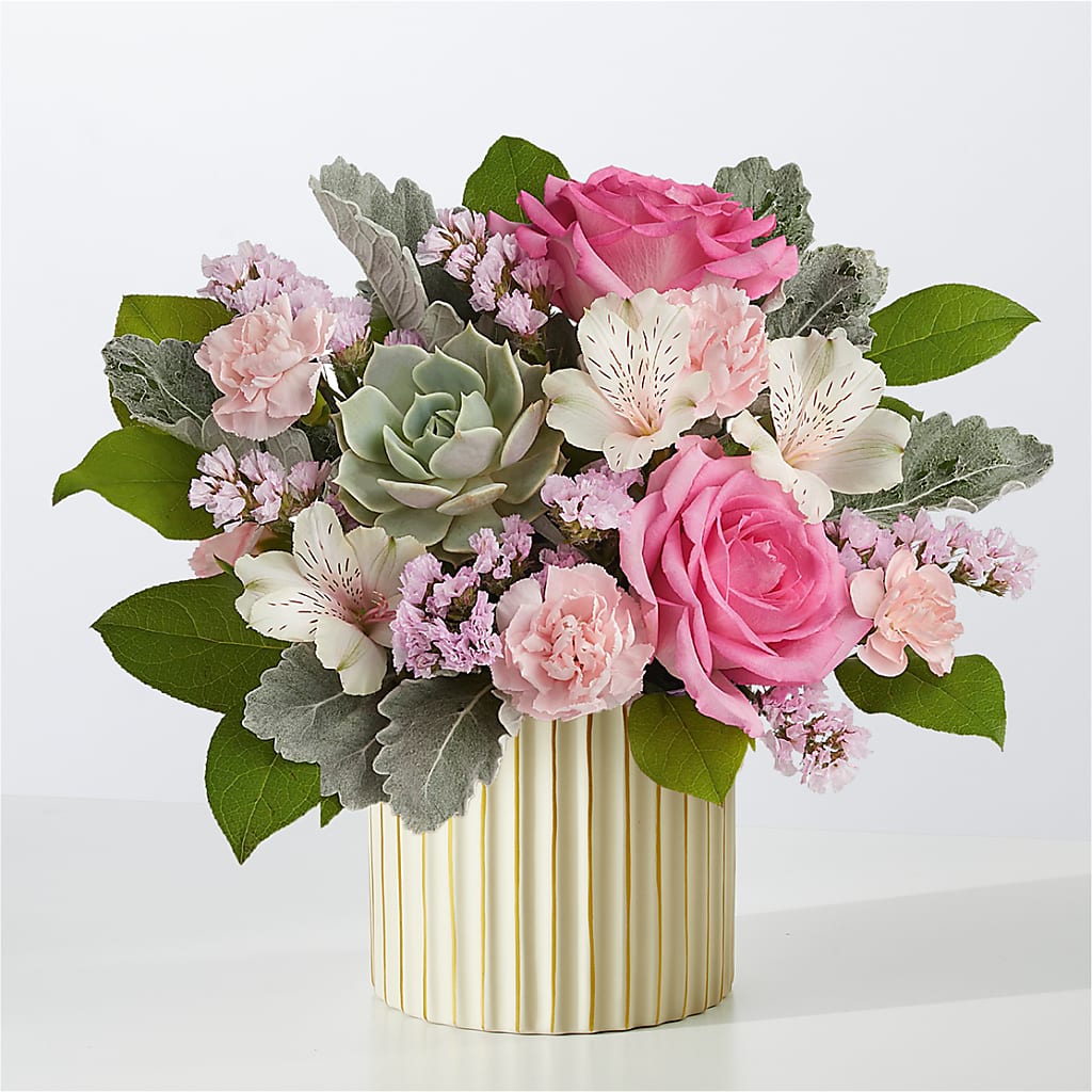 Dusty Rose Bouquet with Ivory Vase – Ros-al Floral, Forest City PA