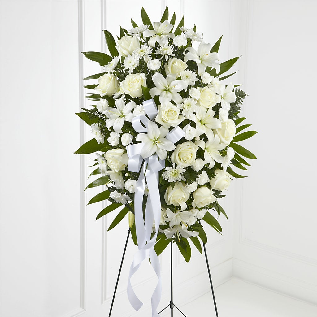 Exquisite Tribute Standing Spray-White Ribbon – Ros-al Floral, Forest City PA